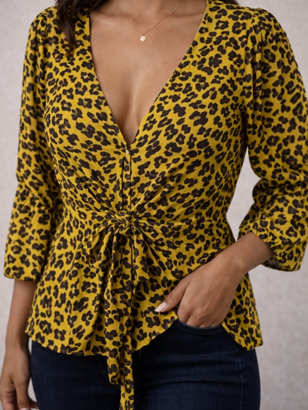 Sweet Pea NY Mustard‎ Yellow Cheetah Print Blouse Size L Tie Front Peplum Top
